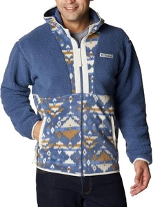 Columbia BackBowl Jacket Mens Small Blue Aztec Sherpa Hood Full Zip - Picture 1 of 7