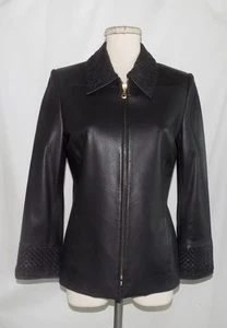 Chaqueta de cuero St John con cremallera frontal negra con detalle de tejido de canasta y borde de desplazamiento 4 - Imagen 1 de 9