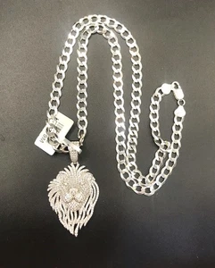 925 Sterling Silver 5.73CT Moissanite Lion Pendant With Cuban Chain Necklace - Picture 1 of 14