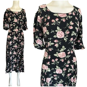 Vintage 90’s Black Pink Rose Floral LAURA ASHLEY Dress Made in Britain Sz 12 US - Picture 1 of 10