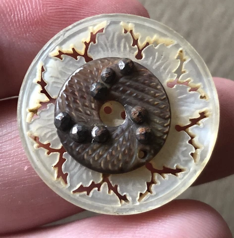 DELICATE ANTIQUE PIERCED, CARVED MOP BUTTON W/UNIQUE DESIGN & CUT STEEL Cover