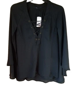Womens Forever 21 Shirt Size Small Black Sheer V Neck Blouse Gauze Woven Dolman - Picture 1 of 8