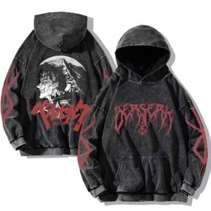 Anime Washed Hoodies Vintage Baumwolle Hip Hop Streetwear Herren Retro Lon - Bild 1 von 22