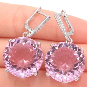 Buy 3 get 1 free Big Round 20mm 16g Pink Kunzite CZ Woman's Silver Earrings - Picture 1 of 4