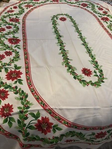 Bellissima Tovaglia Natalizia Ovale Vintage MCM 59X85” Rosso Verde Poinsettia - Foto 1 di 13