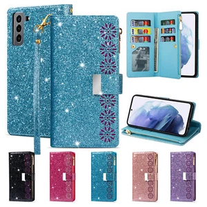 For Samsung A14 A13 A53 S24 S23 S22 S21 Glitter Zipper Leather Wallet Strap Case - Picture 1 of 62