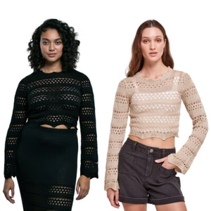 Urban Classics Ladies Cropped Crochet Knit Sweater Pullover Belly-Free Women - Picture 1 of 21