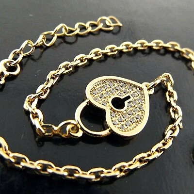 Brazalete Brazalete Oro Amarillo 18k Relleno Diamante Simulado Corazón Candado Dije  Foto 1 de 4