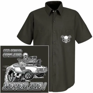 1969-72 OLD SCHOOL MUSCLE DADDY HOT ROD OUTLAW GASSER DRAG CAR SKULL WORKSHIRT - Picture 1 of 12