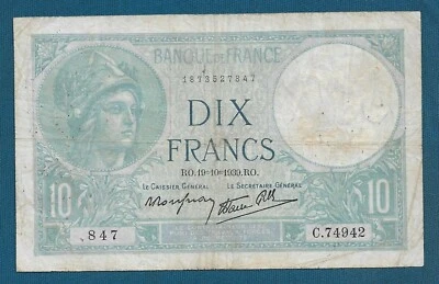 10 Francs 1939. France banknotes, Dix Francs Banque de France, Original banknote - Image 1 of 2