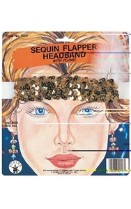 Rubies Official 1920s Gold Sequin Flapper Headband Flapper with Feather - Picture 1 of 1