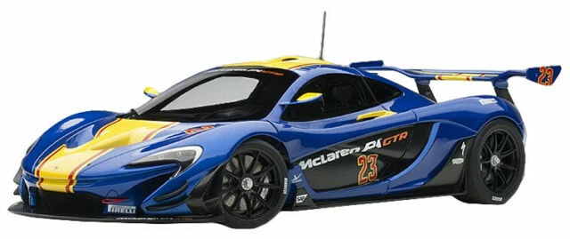 AUTOart Mclaren P1 GTR Diecast Model Car - Metallic Blue/Yellow Stripes, 1/18 Scale