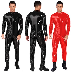 Men's Clubwear Wet Look Leotard Patent Leather Jumpsuit Zipper Bodysuit Muscle - Picture 1 of 29