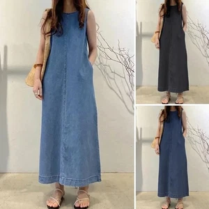 Causal Womens Denim Loose Long Maxi Sundress Sleeveless Jeans Kaftan Maxi Dress - Picture 1 of 14