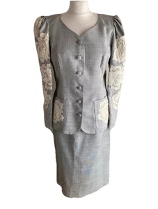 Vintage Helen Anderson Grey Linen Mix Embellished Appliqué Skirt suit 8-10 - Picture 1 of 10