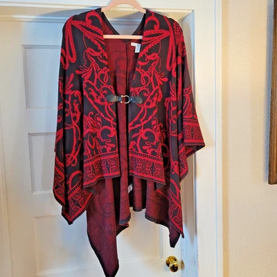 Dana Buchman Cape Poncho Coat Red Black Abstract Knit Leather Buckle Size L/XL - Image 1 of 4