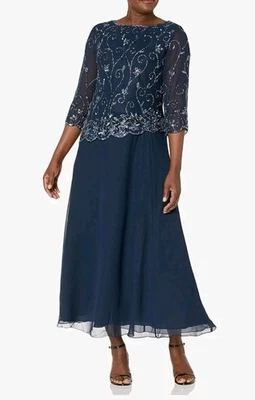 $180 J Kara Vestido Formal Cuentas Caplet de Gasa Para Mujer Azul Marino Talla 6 Foto 1 de 4