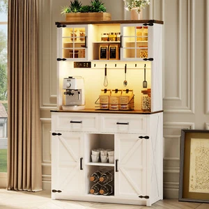 Farmhosue Bar Cabinet,with LED Lights & Power Outlets, Large Kitchen Buffet Desk - Picture 1 of 8