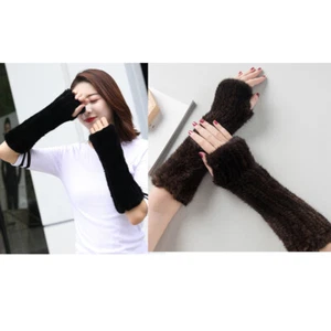 Women Real Mink Fur Glove Winter Long Fingerless Mittens Wrist Warm High Elastic - Picture 1 of 15