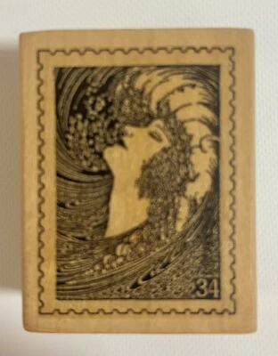 Sello de goma postal Art Nouveau, cara de mujer en onda estrellada sello de arte fantasía Foto 1 de 3