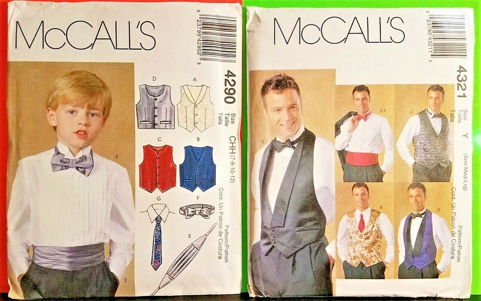 McCalls 4290 4321 Men's Boy's Formal Wear Vest Cummerbund Bow Tie Sewing Pattern - Image 1 of 1