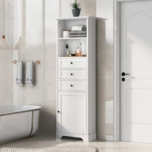 White Tall Storage Cabinet 3 Drawers Adjustable Shelves for Bathroom, Kitchen - Picture 1 of 12