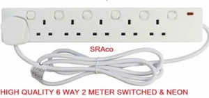 6 Way Gang 2 Meter Switched Extension Lead Cable Socket UK Mains Power Plug - Picture 1 of 2
