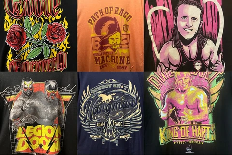 6 Large Wrestling Shirt Lot: Eddie Guerrero, 2 Owen Hart, Hangman Page, Taz, LoD Cover