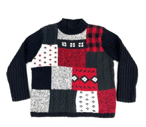 VTG 90s Cable Knit Patchwork High Neck Pullover Sweater Heavyweight Knit PL - Picture 1 of 6