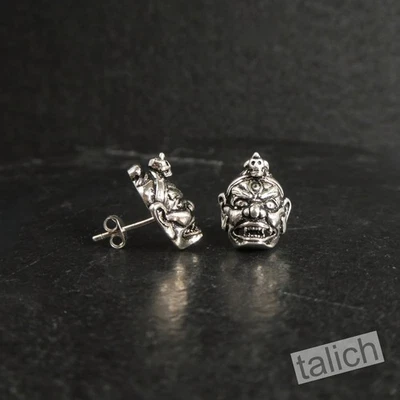 925 Sterling Silver Tibetan Demon Mask Stud Amulet Earrings Unique Gothic Punk - Image 1 of 4