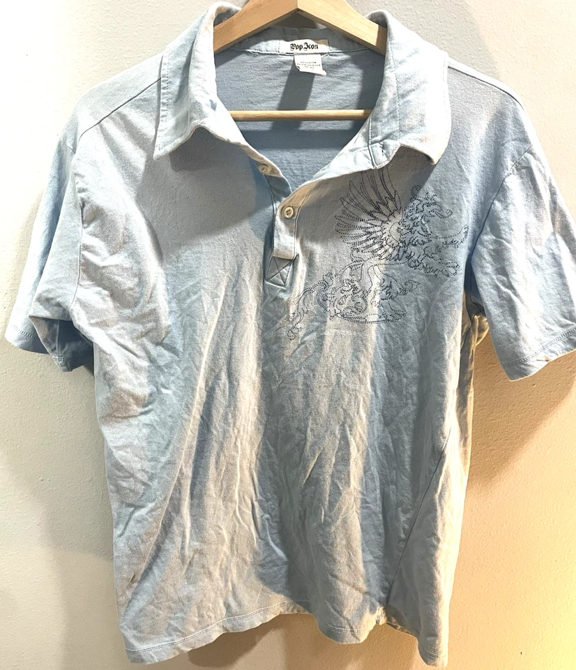 Винтажная мужская большая рубашка-поло 00s Pop Icon, графический логотип с искусственной вышивкой, бирюзовый цвет - Изображение 1 из 4