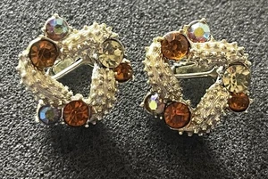 Vintage Signed Coro Gold Tone Clear & Amber Rhinestone Clip On Earrings - Picture 1 of 7
