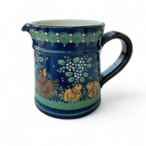 Folk Art Hand Painted Pottery Pitcher Chickens Sheep Farm Blue Green Signed - Picture 1 of 11
