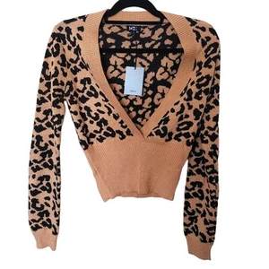 NBD NEW Small NWT Cheetah Print Cropped Low Cut Sweater Brown Black Animal Print - Picture 1 of 8