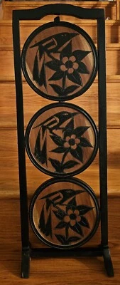 VTG Wood Folding Pie Cake Rack Stand 3 Tier Decorative Carved Bird Flower 31x10 - Image 1 of 4