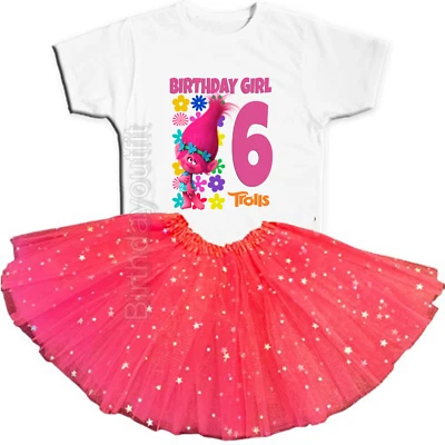 Trolls Party 6th Birthday Fuchsia Tutu Outfit Personalized Name option Poppy - Image 1 of 4
