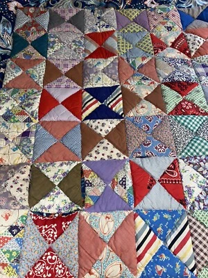 Antique Vintage Puff Biscuit Quilt Hand Stitched Stuffed Triangles 74x58 Granny - Image 1 of 4