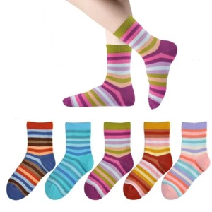 Girls Seamless Crew Cotton Socks Kids Casual Socks School Socks Rainbow Strip... - Picture 1 of 8