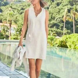 NWT Tommy Bahama Dress Womens Sz XL Beige Sandy Spots Ruffle Shift Linen Resort - Picture 1 of 10