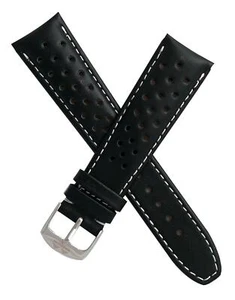 22 mm Carrera Style SCHWARZ SPORT PERFORIERT DORNSCHLIESSE LEDER UHRENARMBAND BAND - Bild 1 von 5