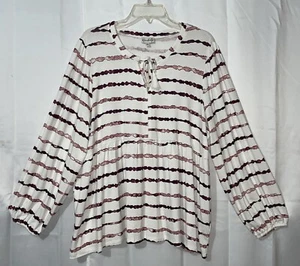 New Wonderly 2X Popover Tunic Top White Pink Tie Dye Stripes Keyhole Tie Neck - Picture 1 of 16
