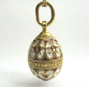Sterling Silver 925 Gold Plated 22KT Red & White Enamel Mini Faberge Egg Pendant - Picture 1 of 6