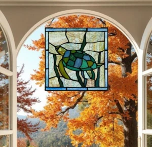 Sea Turtle Hanging Window Panel Suncatcher Tiffany Style Stained Glass 10x10in - Picture 1 of 7
