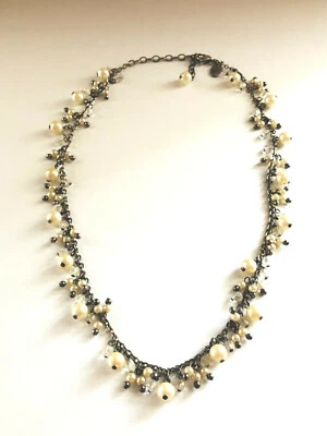Signed CAROLEE White Pearl and Crystal Beads Dainty Silver Grey Tone Necklace - Image 1 of 4
