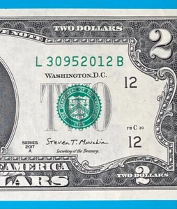 TRAILING YEAR 2012 : L 3095 2012 B $2 Two Dollar Bill Serial Number   - Picture 1 of 4