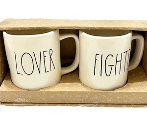 Lot of 2 Rae Dunn Mugs Lover & Fighter Ivory Cups Magenta Artisan Collection NIB - Picture 1 of 6