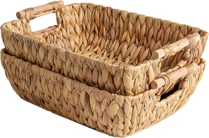 2 Pcs Hand-Woven Large Storage Baskets with Wooden Handles,Water Hyacinth Wicker - Picture 1 of 12