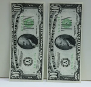 (2) 1934 $10 FRN Lime Green Seal Unc Consecutive 28,29 - Picture 1 of 2