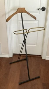 Vintage French Mid-Century Brass & Wood folding Valet Butler Stand Suit Hanger - Picture 1 of 12