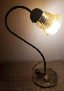 Vintage Brass Gooseneck Lily Rose Pad Table Lamp Frosted Gold Shade Working 17" - Picture 1 of 5